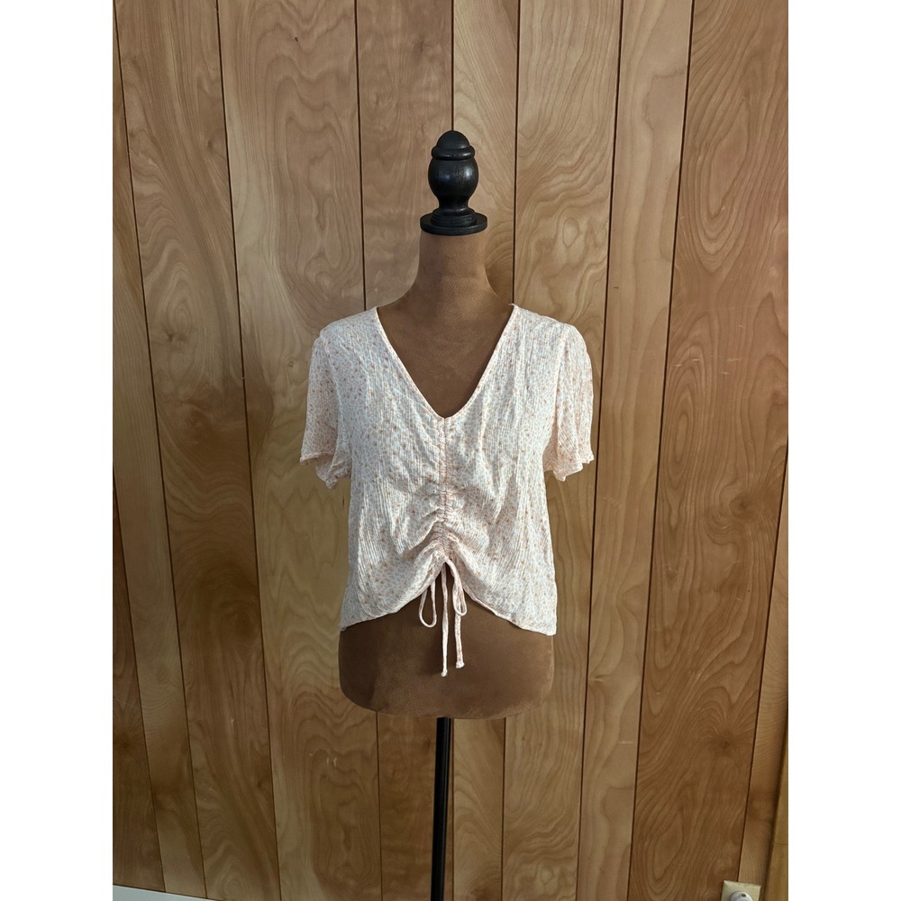 Pink Rose Women Peach Floral Ruched Drawstring V-Neck Rayon‎ Blouse L Large